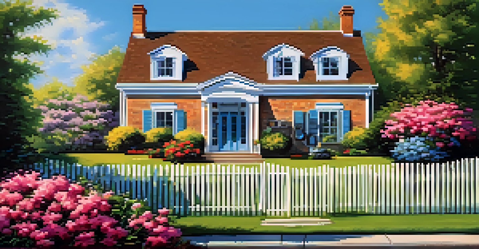 An outdoor image of a 'For Sale' sign in front of a modern house with a blooming garden under a clear blue sky.