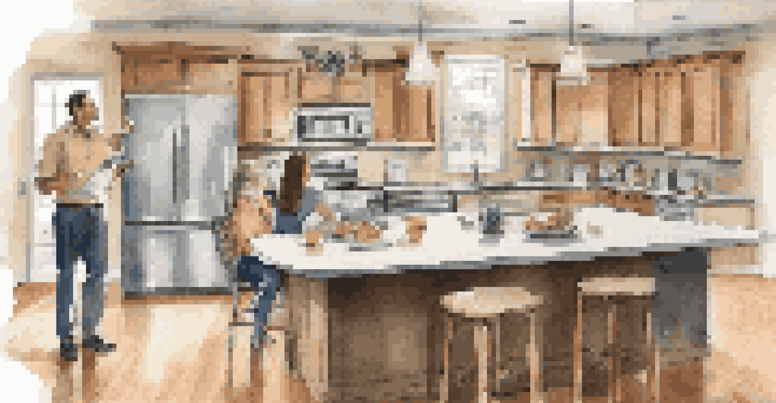 A couple engaged in discussion while inspecting a kitchen, focusing on appliances and taking notes.