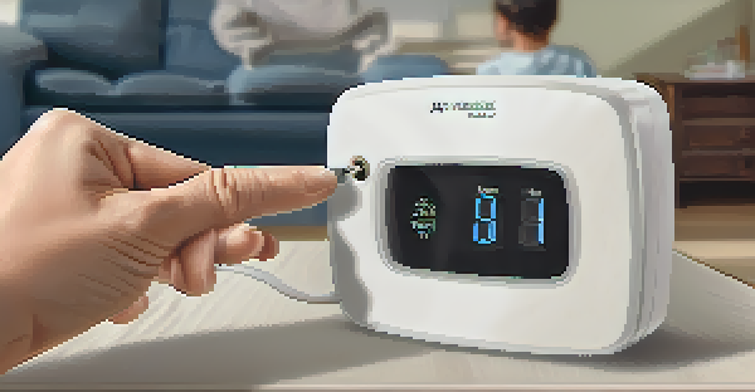 A hand testing a carbon monoxide detector with a family in the background, emphasizing safety.