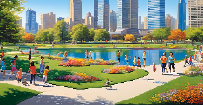 An urban park bustling with activity, featuring families, children playing, joggers, and a pond with ducks, surrounded by tall buildings.