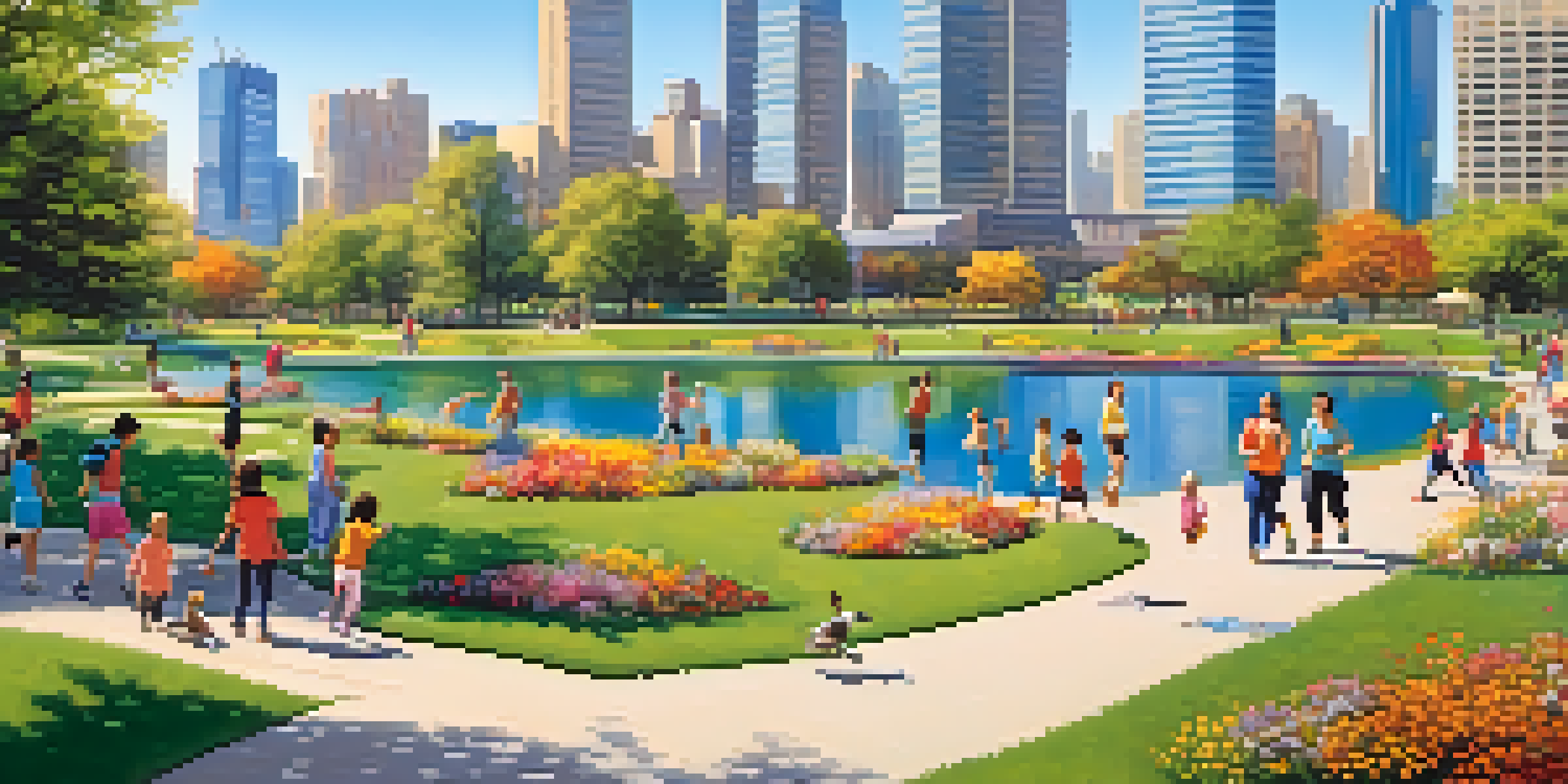 An urban park bustling with activity, featuring families, children playing, joggers, and a pond with ducks, surrounded by tall buildings.