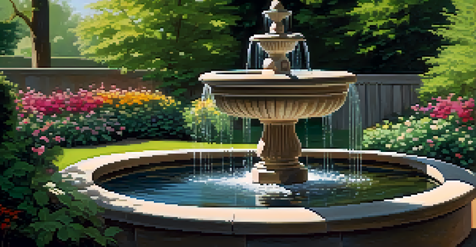 A peaceful backyard with a stone fountain and blooming flowers, illuminated by soft sunlight.