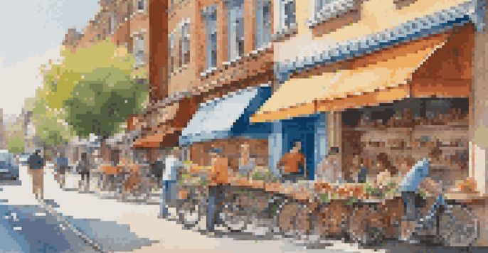 A busy urban street filled with people and colorful shops, with a bright blue sky and warm sunlight.