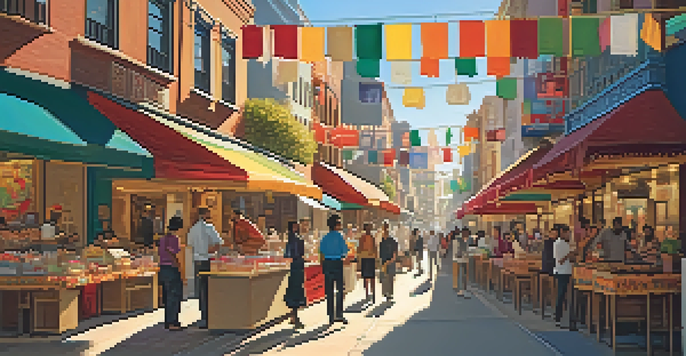 A lively street scene depicting cultural diversity with colorful shops, diverse people interacting, and a festive atmosphere during golden hour.