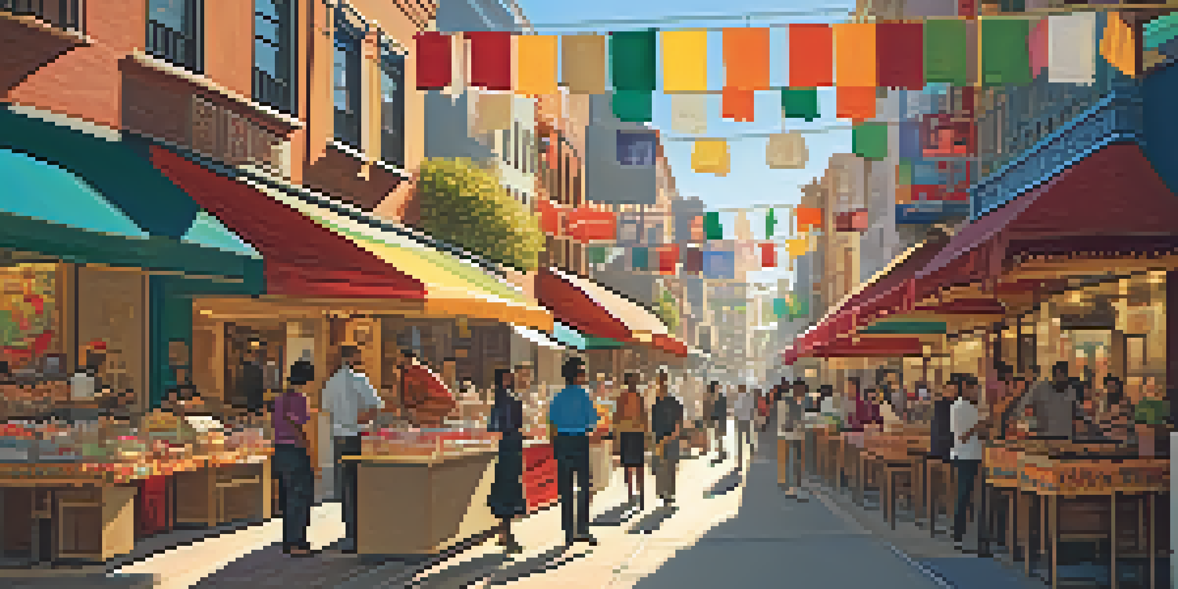 A lively street scene depicting cultural diversity with colorful shops, diverse people interacting, and a festive atmosphere during golden hour.