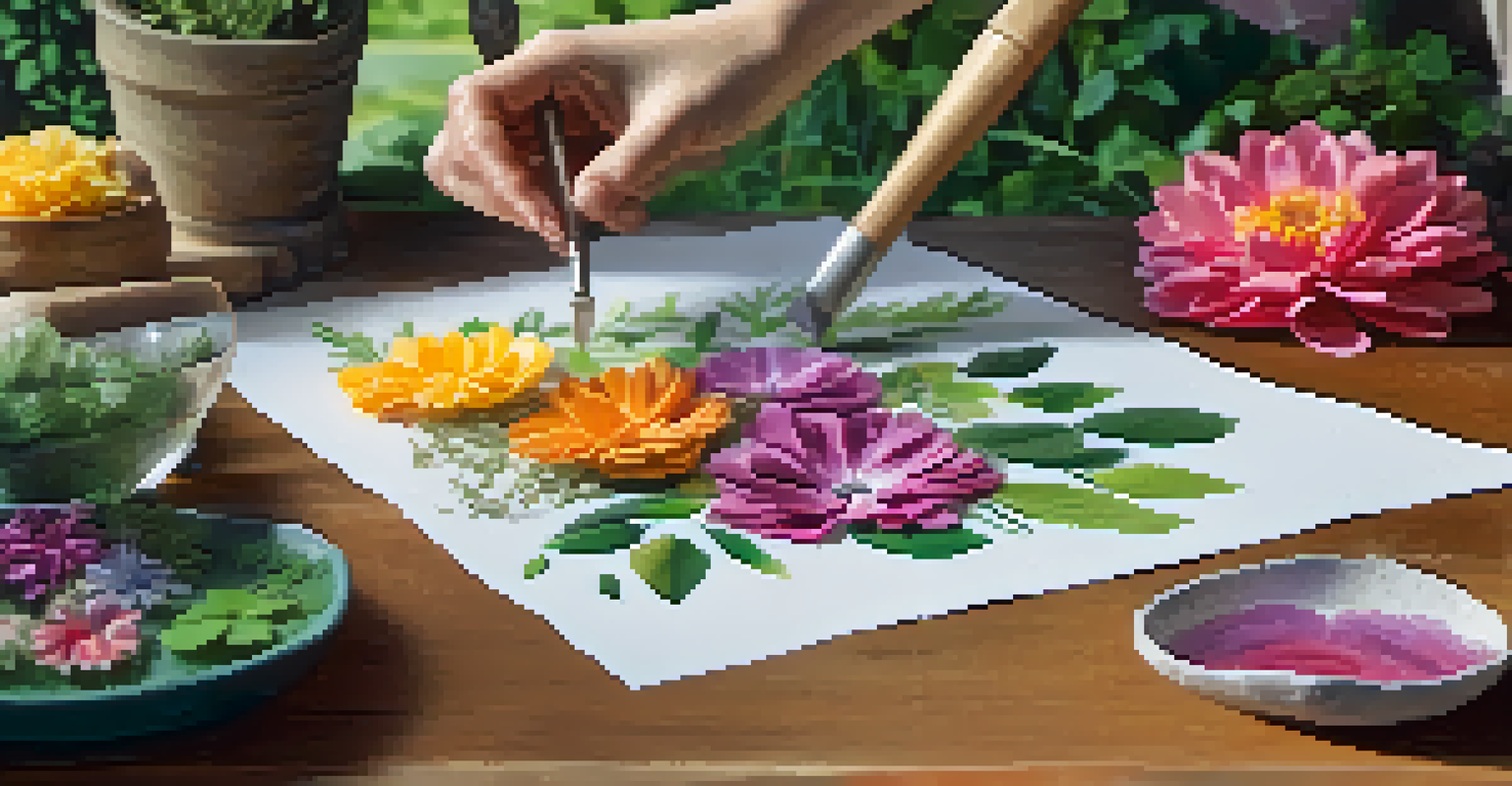 Close-up of hands pressing flowers onto paper, with a colorful garden in the background.