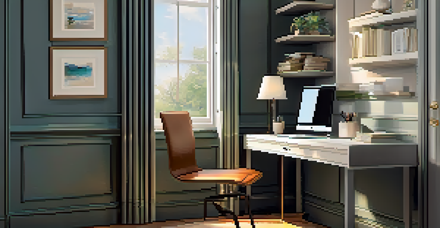 A peaceful home office corner with a chair, a cup of tea, noise-canceling headphones, and a do not disturb sign.