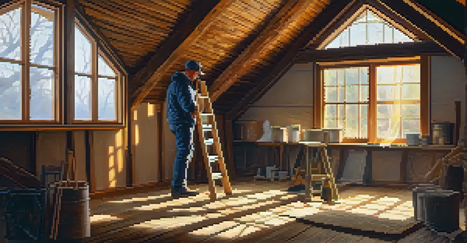 A home inspector examining insulation in an attic with sunlight streaming through a window.