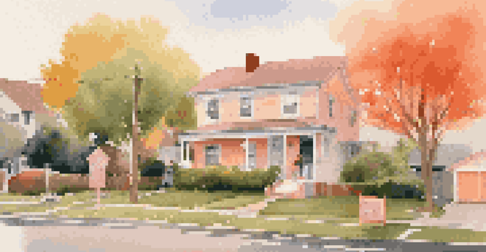 A peaceful neighborhood street at sunset with houses and a couple walking a dog, featuring a 'Sold' sign in front of a home.