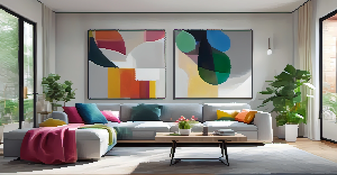 A modern living room with a gray sectional sofa, colorful pillows, an abstract painting, and plenty of natural light.