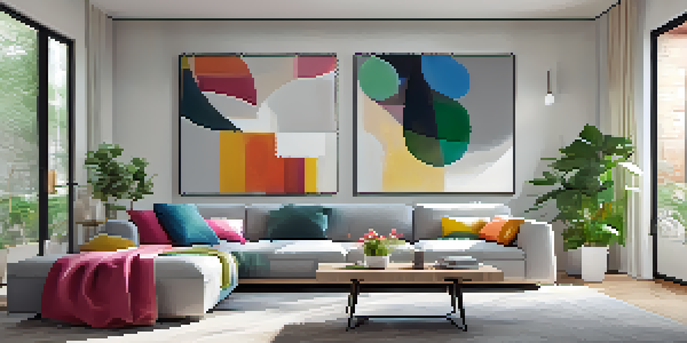 A modern living room with a gray sectional sofa, colorful pillows, an abstract painting, and plenty of natural light.
