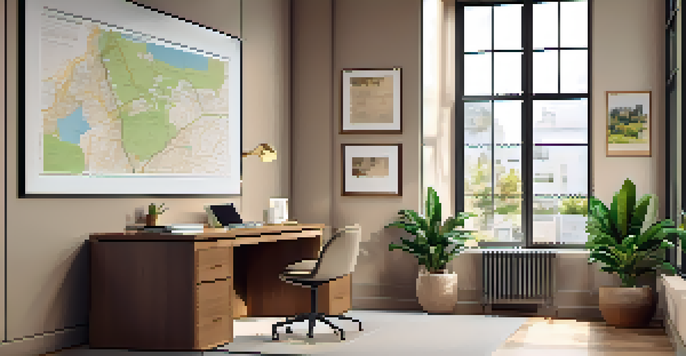 A modern real estate office interior with a wooden desk, laptop, potted plant, and framed property photographs.