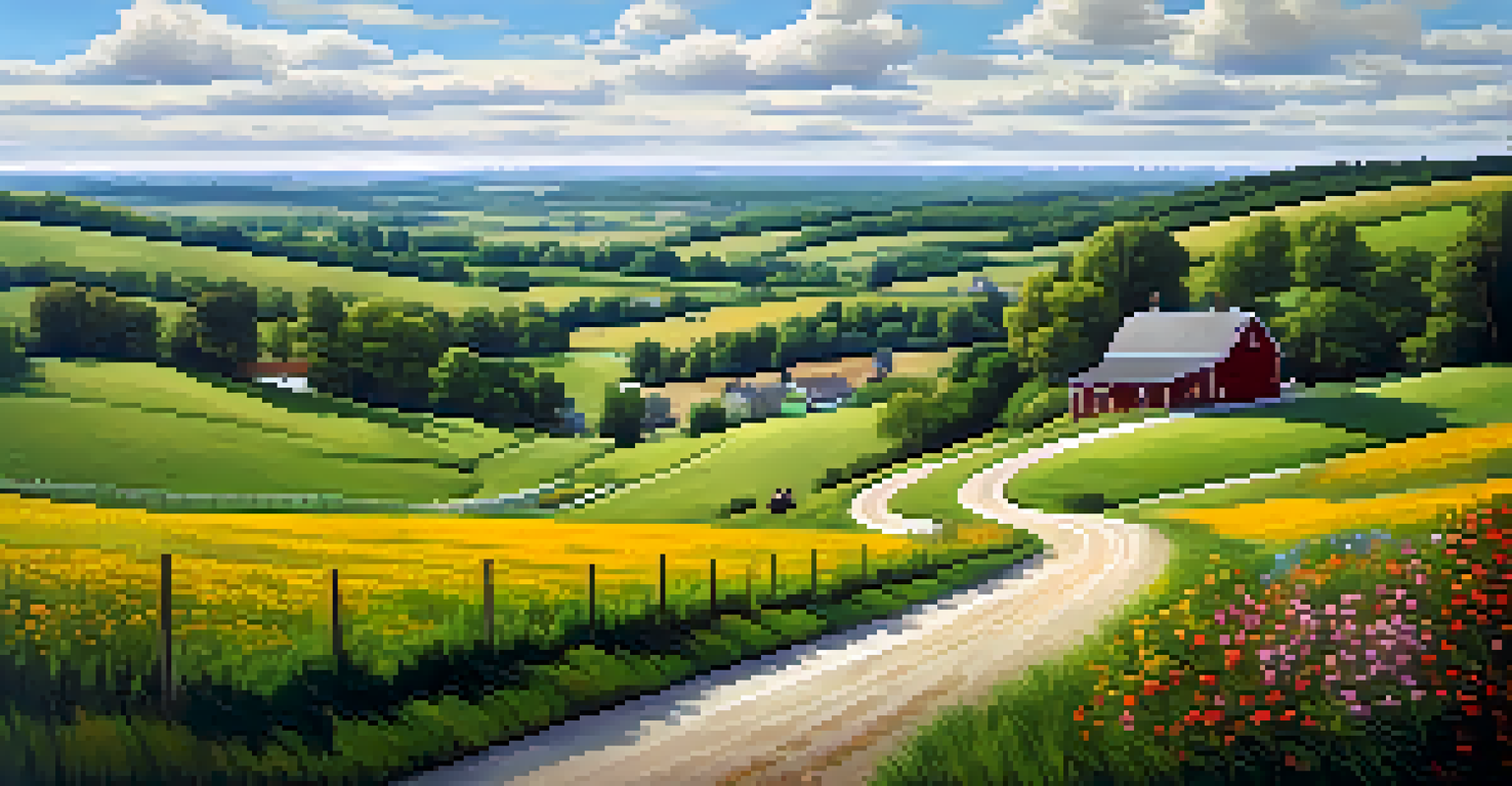 A peaceful countryside scene with rolling hills, wildflowers, a farmhouse, and a highway in the background under a clear sky.