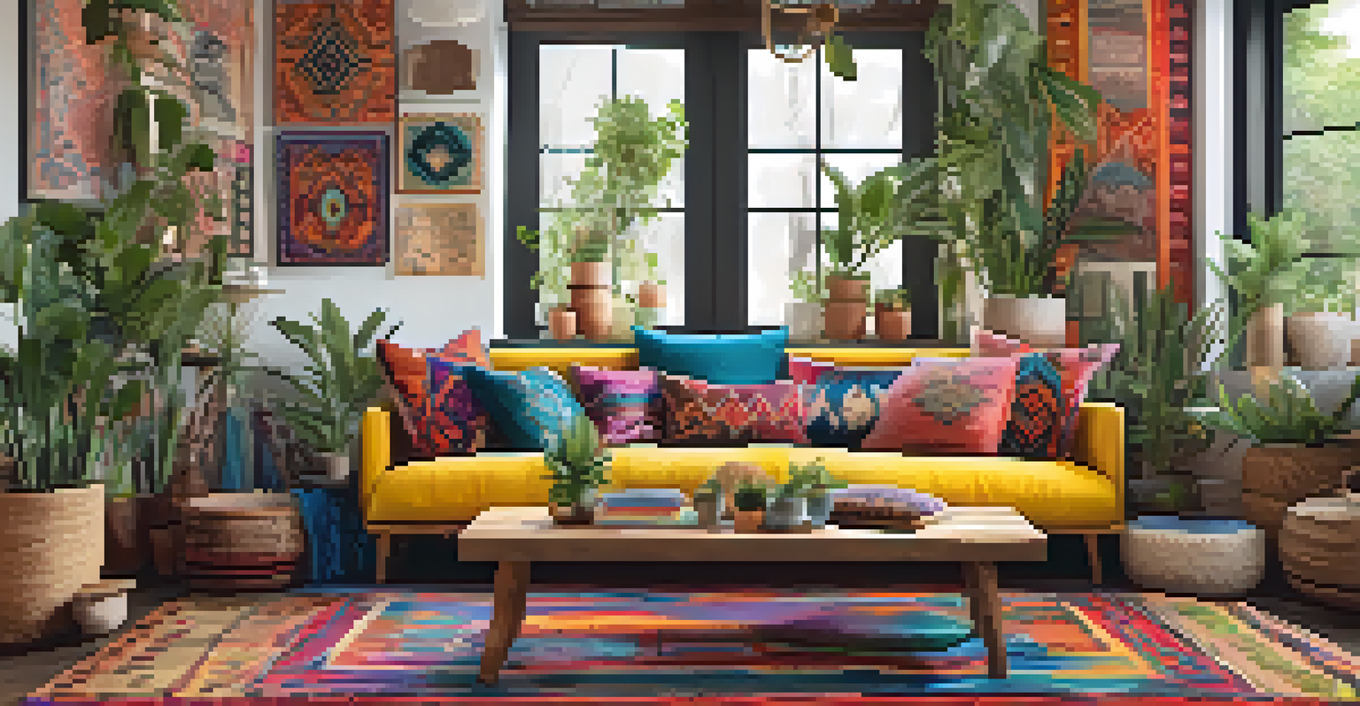A vibrant Bohemian interior filled with colorful textiles, vintage decor, and plants, creating a cozy ambiance.