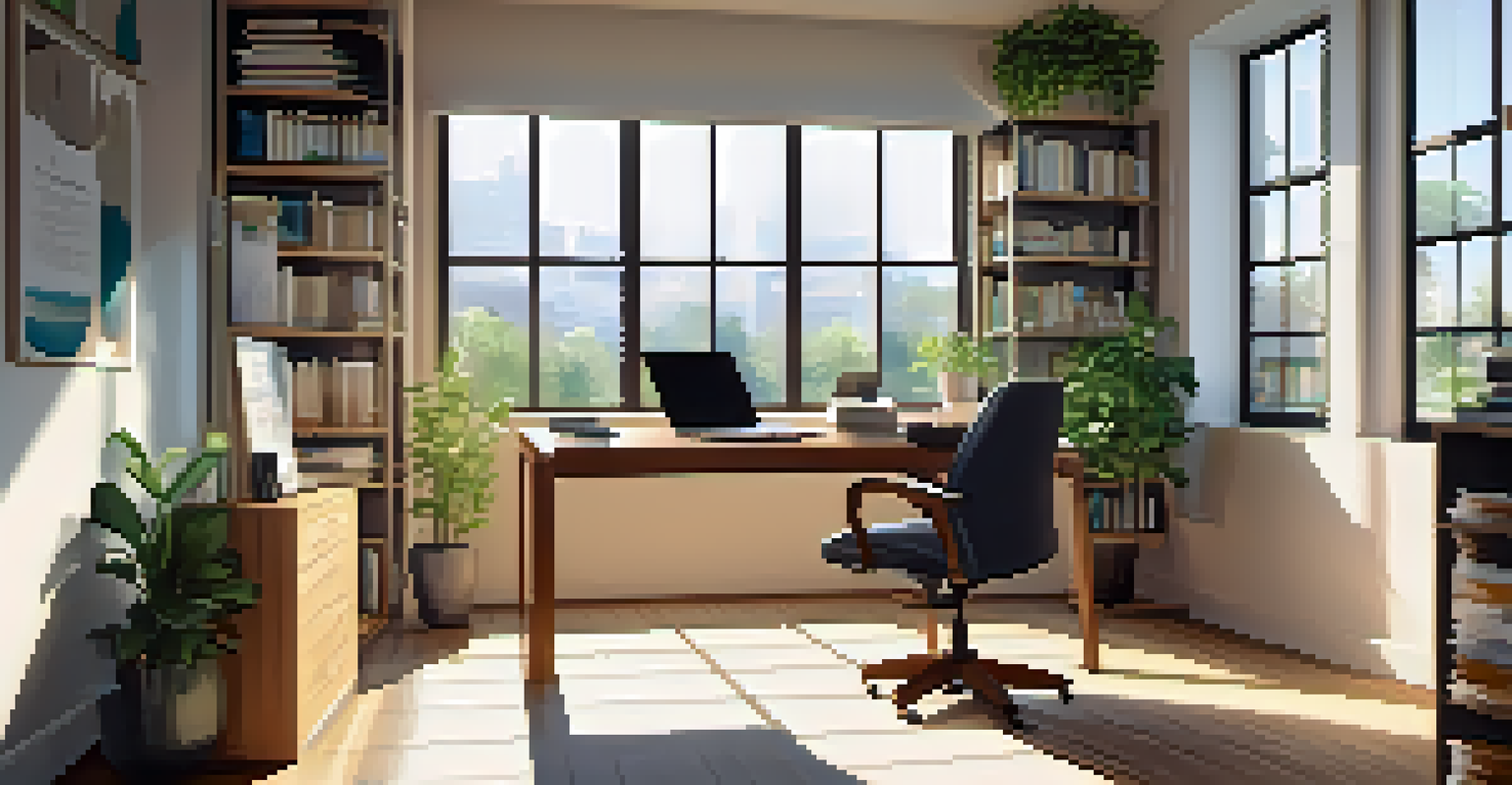 A modern office workspace with a desk, laptop, and financial documents.