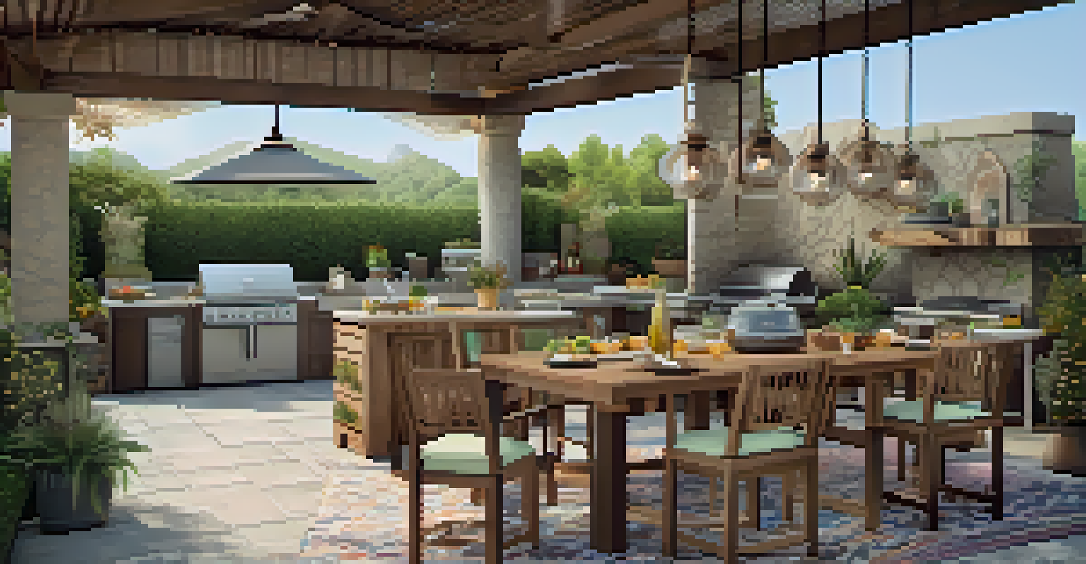 An outdoor kitchen with a modern grill and a rustic dining table, decorated with colorful accessories and surrounded by lush greenery.