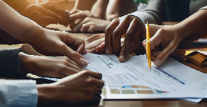 A close-up of diverse hands holding investment documents, symbolizing collaboration in real estate.