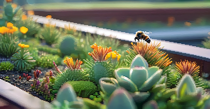 A close-up of a green roof with succulents and wildflowers, dew drops glistening in the morning light, and a bee pollinating a flower.