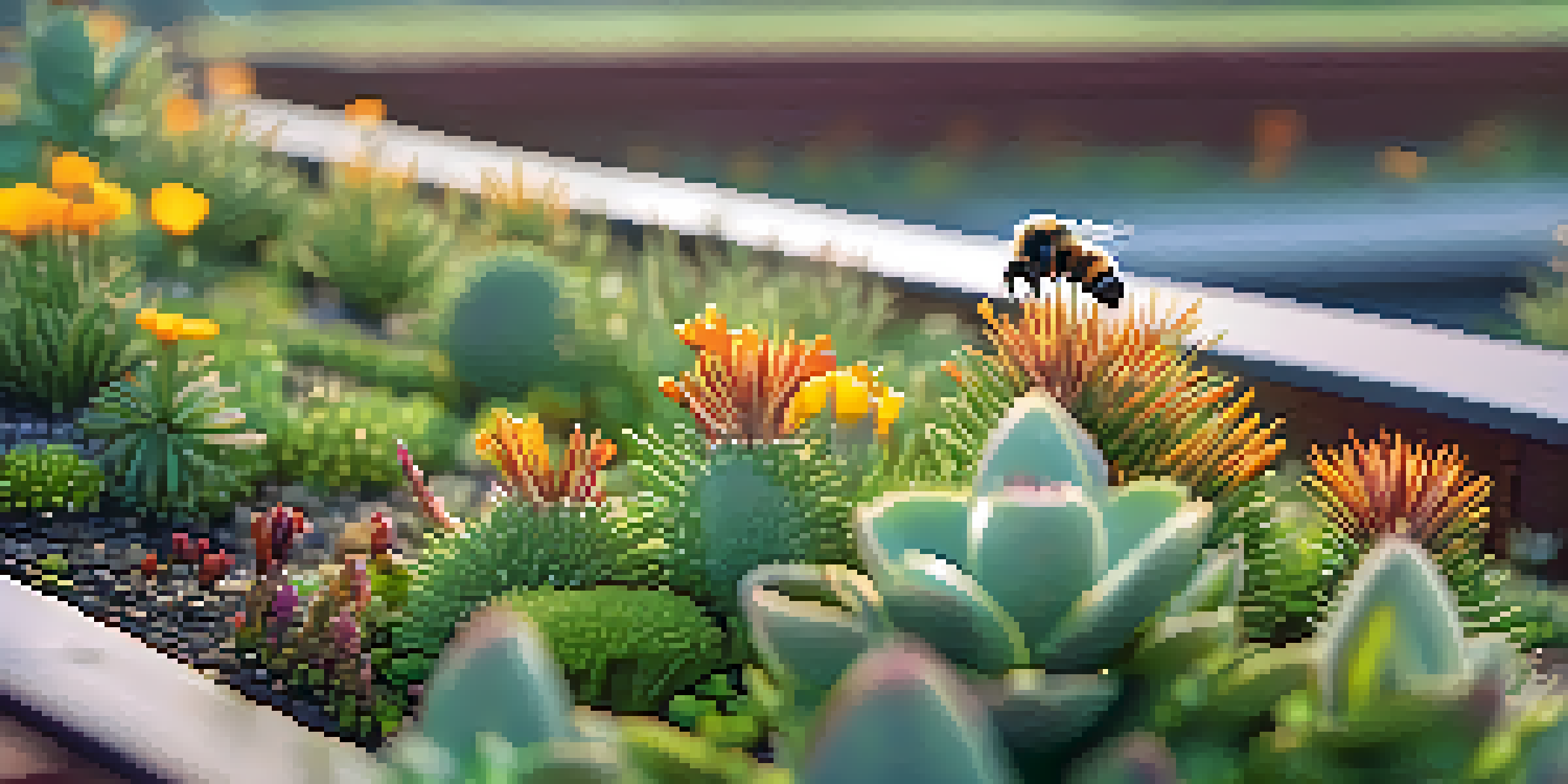 A close-up of a green roof with succulents and wildflowers, dew drops glistening in the morning light, and a bee pollinating a flower.