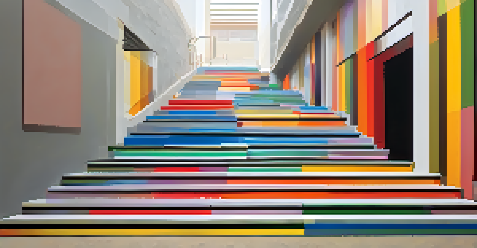 A clear and clutter-free staircase with bright colored strips on the edges of the steps, illuminated by soft lighting.