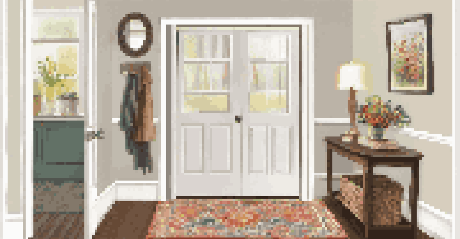 An inviting entryway filled with natural light, featuring a decorative table and family photos on the walls.