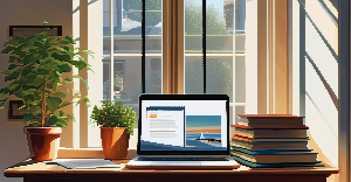 A cozy home office with a wooden desk, laptop, books about real estate, and a potted plant, illuminated by warm sunlight.