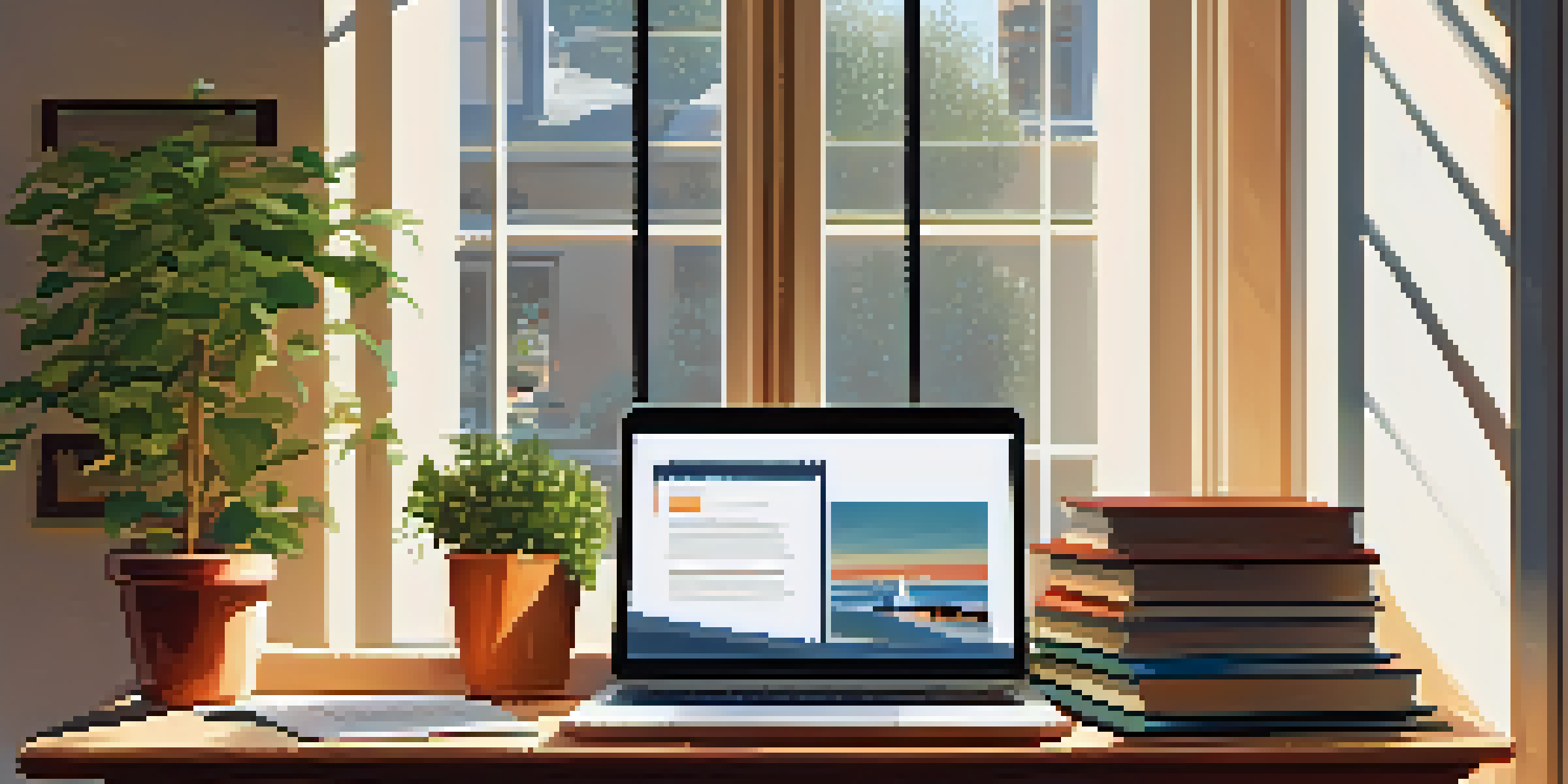 A cozy home office with a wooden desk, laptop, books about real estate, and a potted plant, illuminated by warm sunlight.