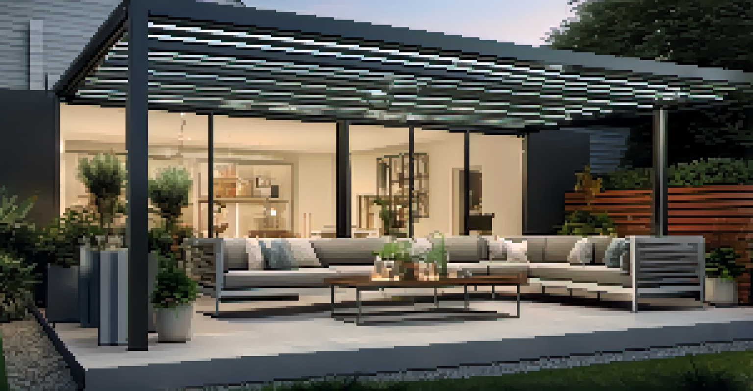 A modern metal pergola with LED lights surrounded by stylish furniture and plants in an outdoor setting.