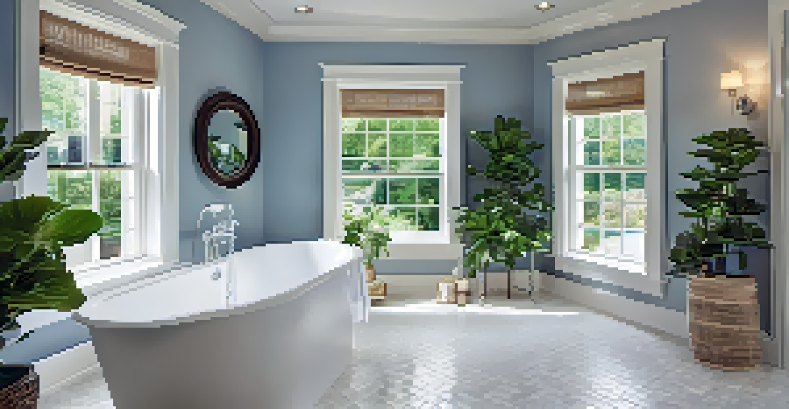 A luxurious bathroom with a freestanding bathtub, chrome fixtures, and soothing blue and white tiles, enhanced by soft lighting.