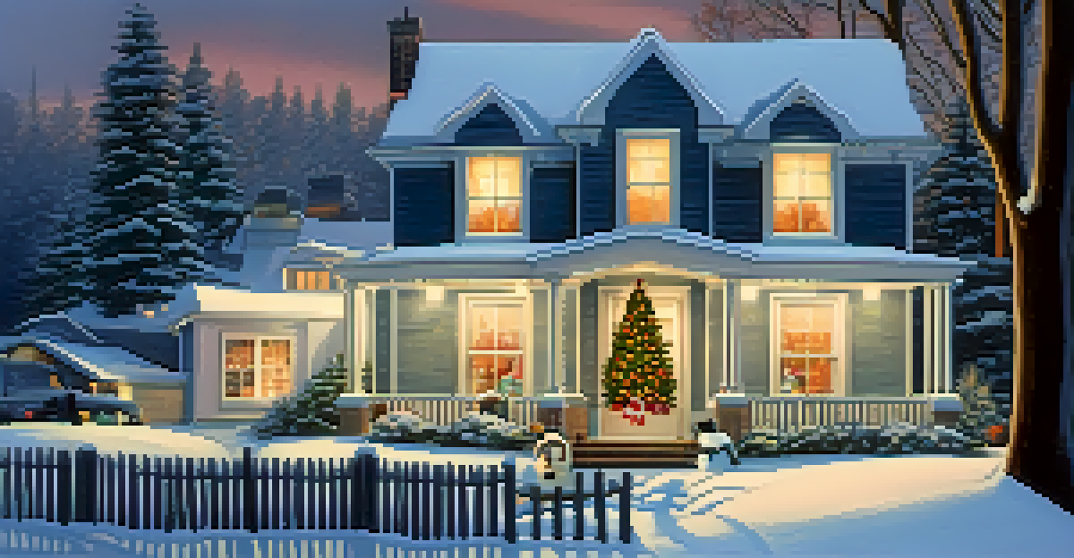 A charming winter house with holiday lights, a snowman in the yard, and snowfall, under a dusky twilight sky.
