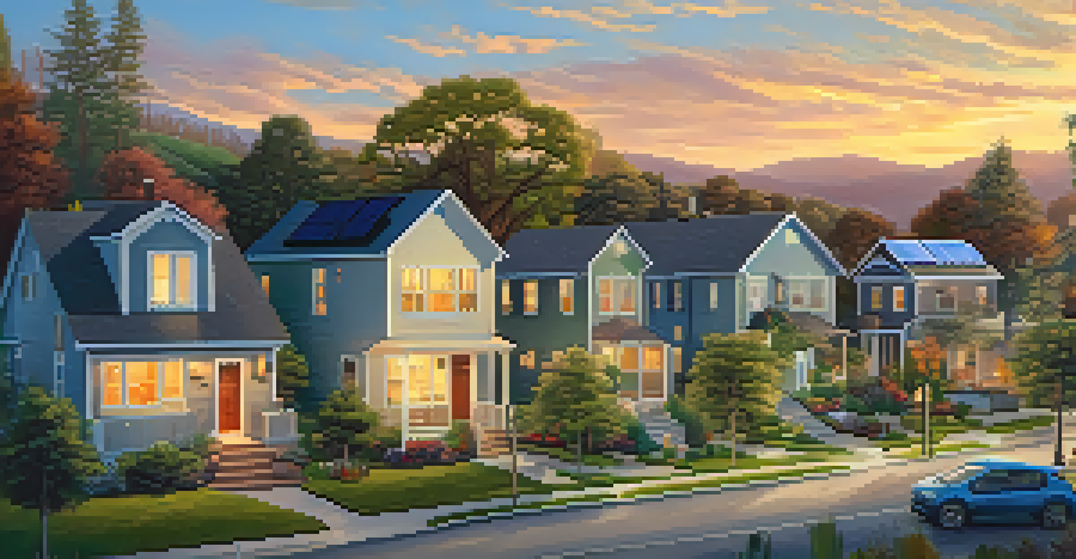 A neighborhood of energy-efficient homes with solar panels at sunset, showcasing community and sustainability.
