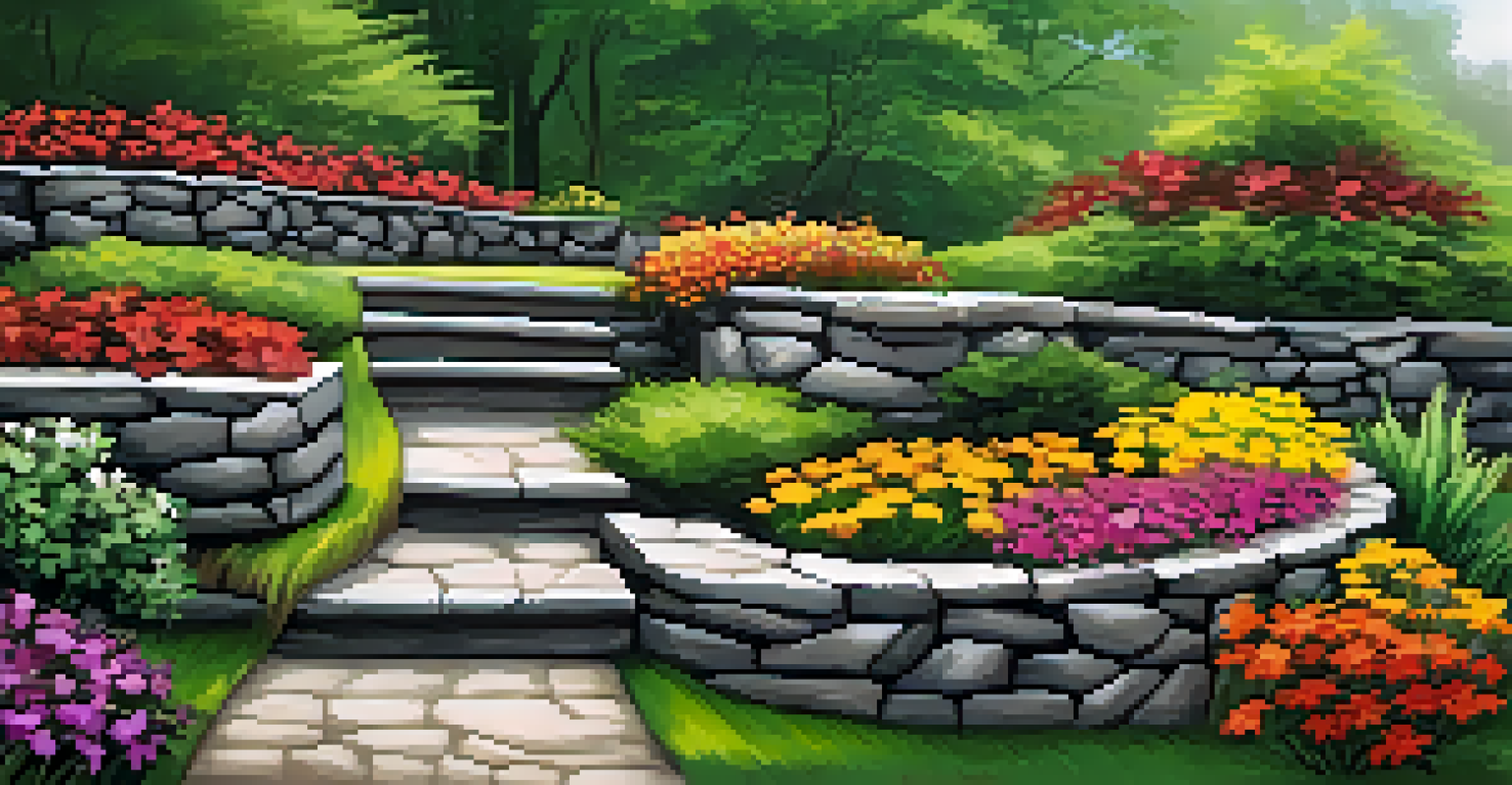 A beautiful tiered stone retaining wall with flowers and greenery growing around it.