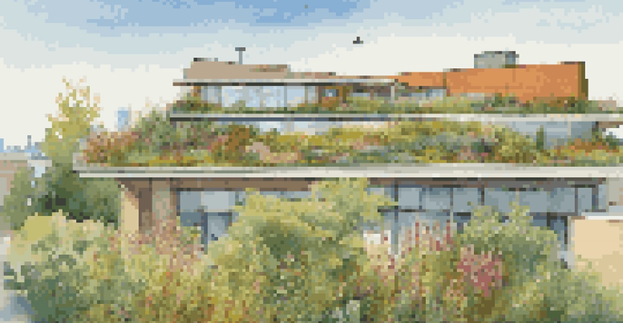 A lush green roof with various plants on a modern building, under a clear blue sky with birds nearby.