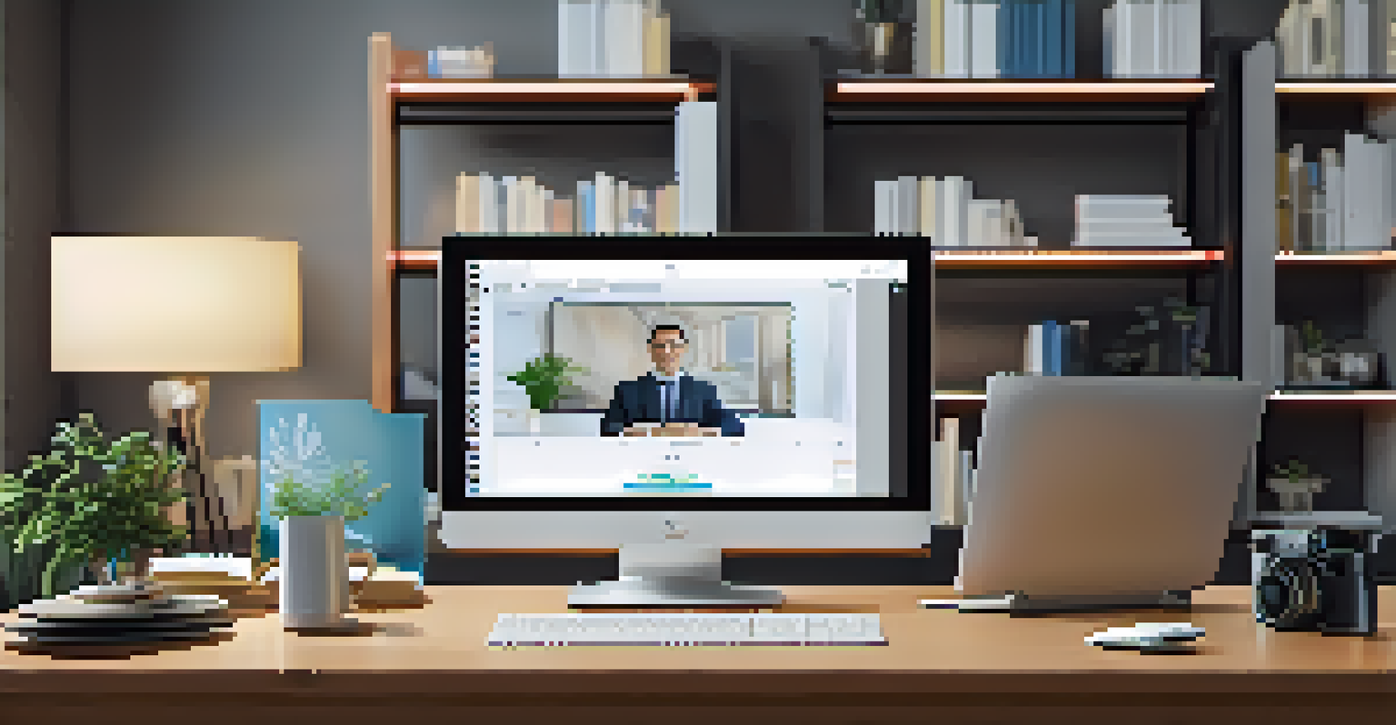 A sophisticated home office with a video conferencing setup, smart camera, and laptop, in a professional atmosphere.
