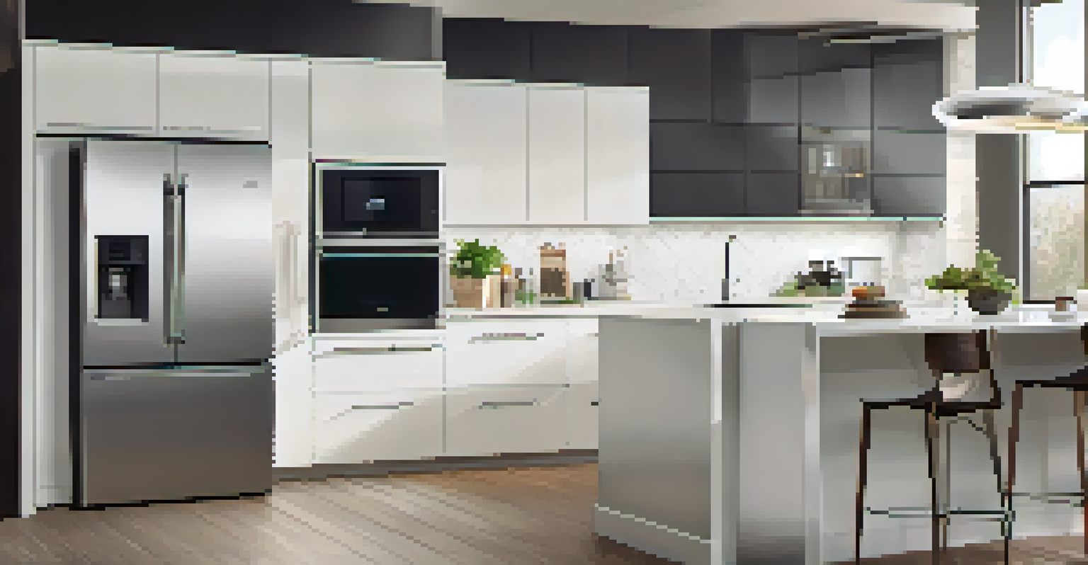 A modern kitchen showcasing smart appliances like a refrigerator and washing machine, designed with a minimalist aesthetic and soft lighting.