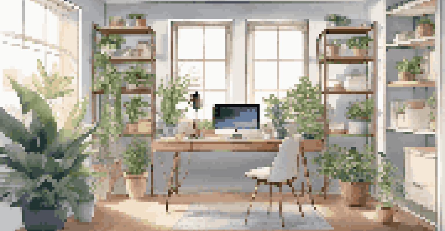 A modern workspace with a sleek desk, laptop, and shelves of plants, illuminated by task and natural light.