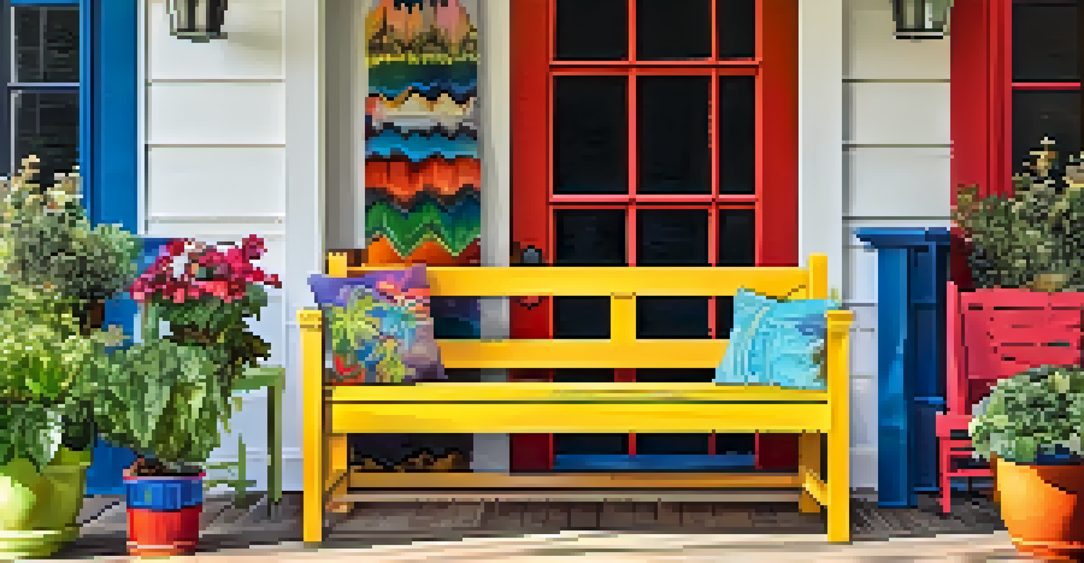 A charming bench constructed from mismatched chairs, painted in vibrant colors with colorful cushions, placed in a sunny entryway.