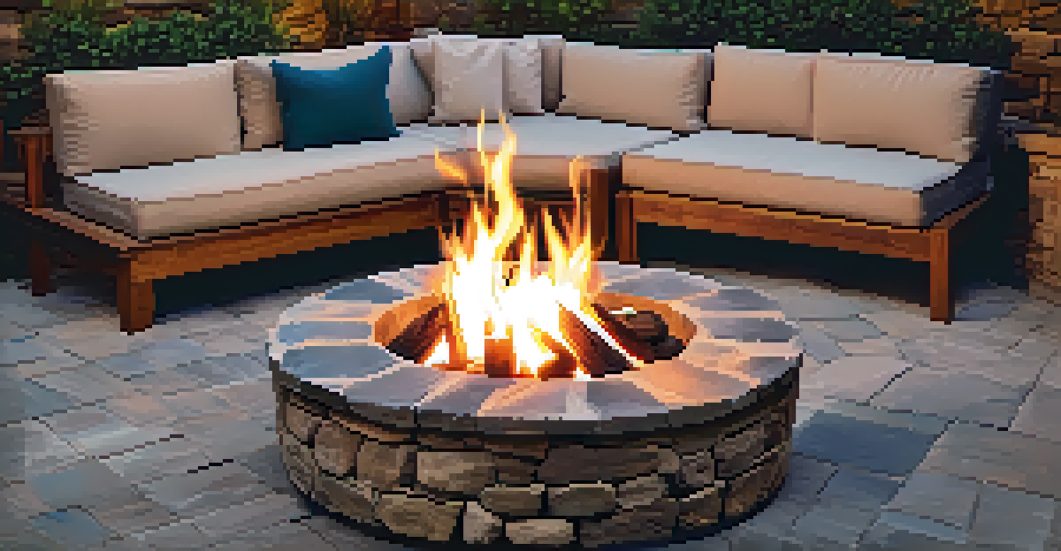 A rustic stone fire pit surrounded by seating, glowing with warm flames in the evening.