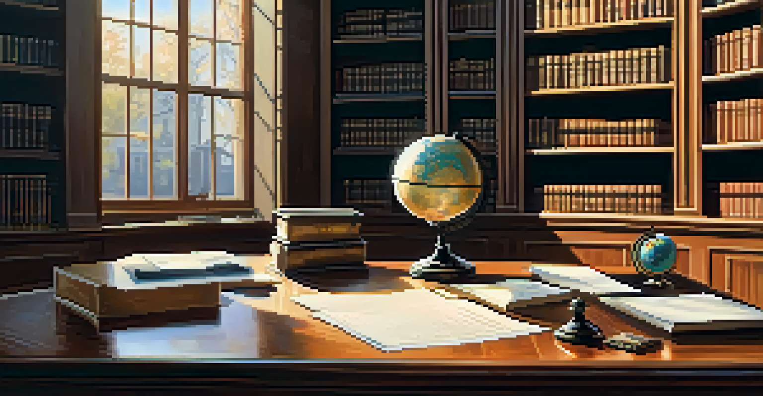 An elegant office with a wooden desk, a globe, and legal documents in a warm-lit setting, with shelves of law and real estate books in the background.