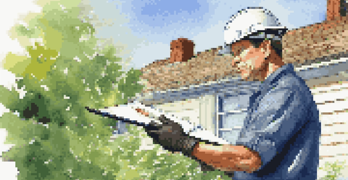 A home inspector closely examining a roof with a clipboard, wearing a safety helmet, set against a bright and sunny background.