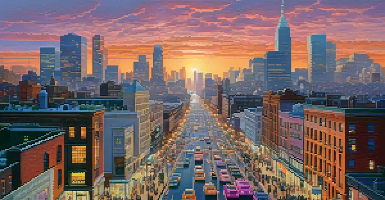 Aerial view of a city skyline at sunset, with colorful reflections on buildings and busy streets filled with cars and pedestrians.