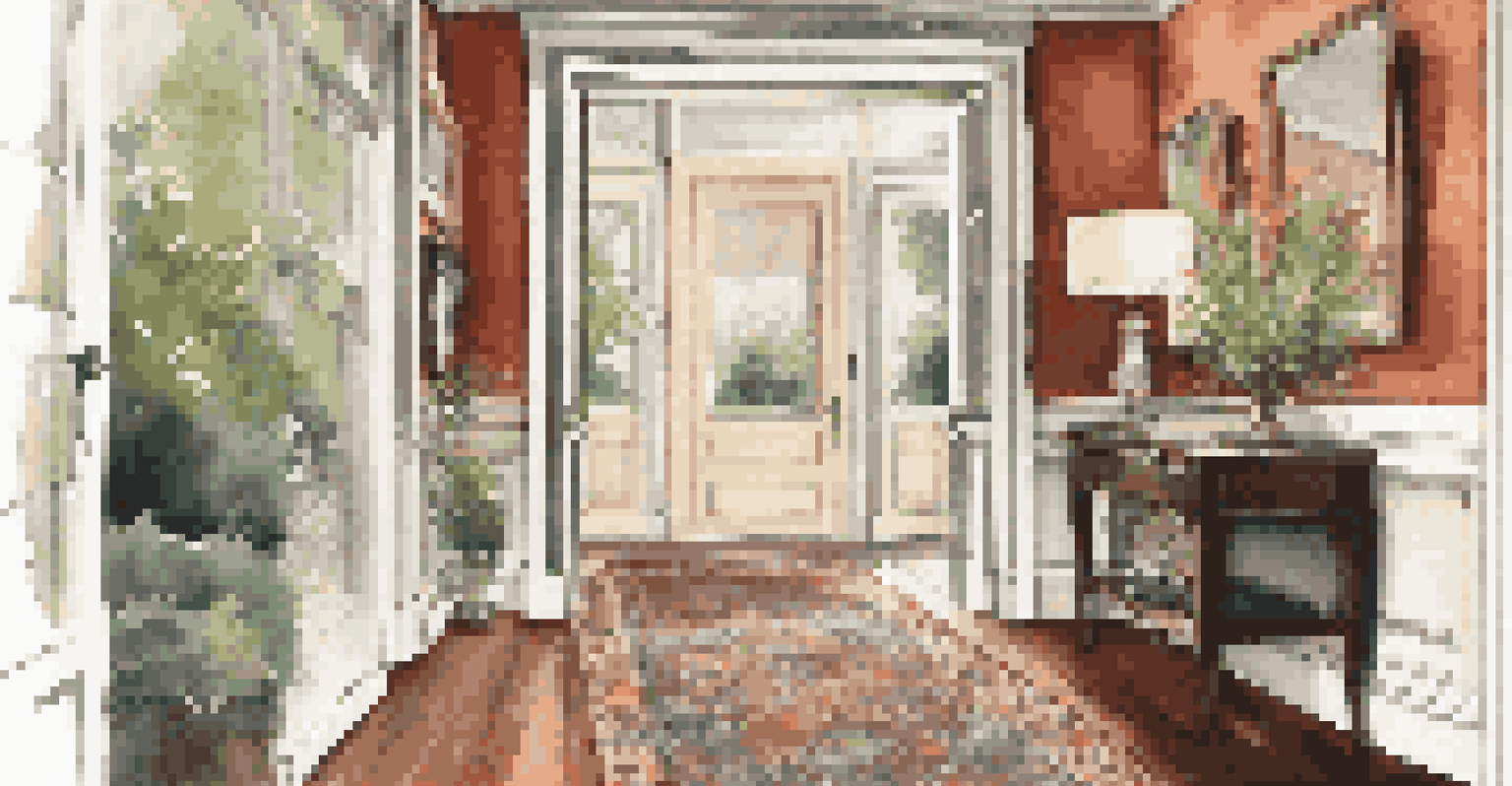 An elegant entryway with a vintage full-length mirror opposite a window, rich wall colors, and a stylish area rug.