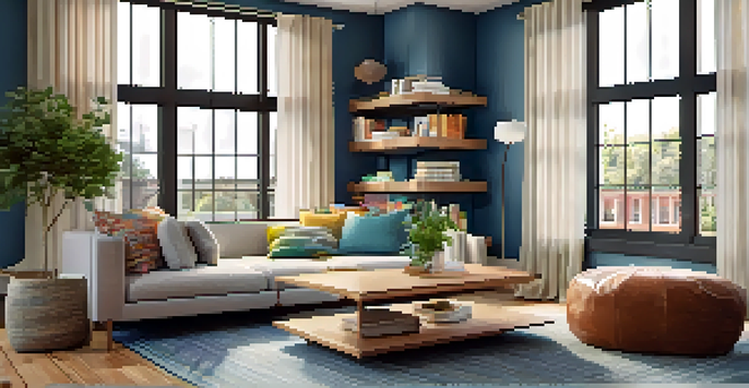 A bright and inviting open floor plan living area with a cozy sofa, a bookshelf acting as a room divider, and a reading nook.