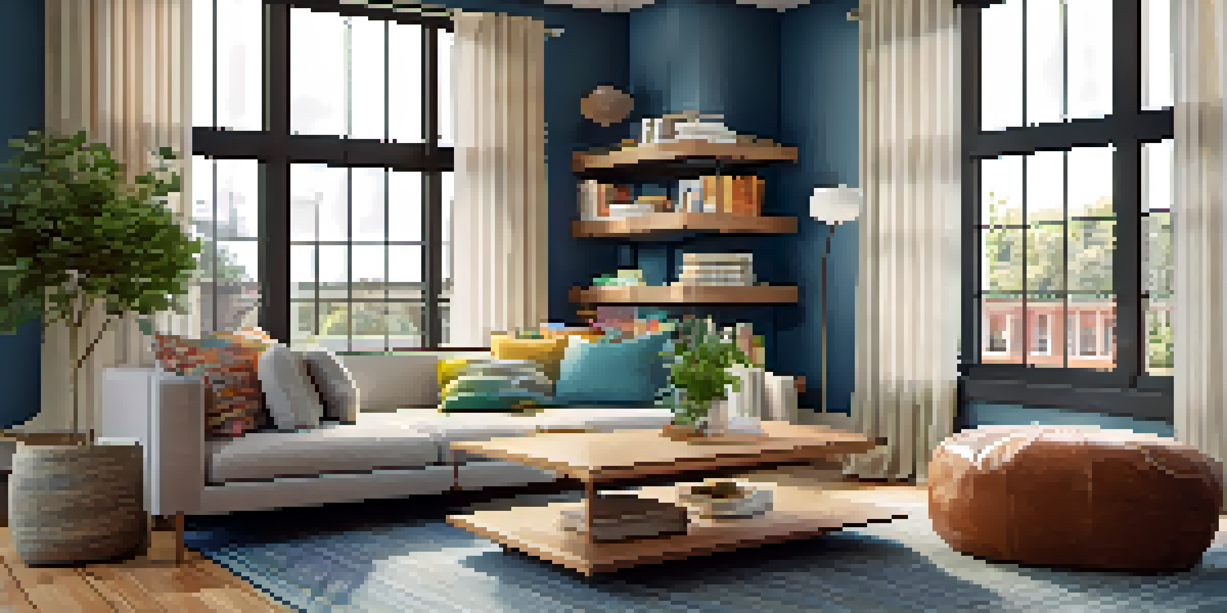 A bright and inviting open floor plan living area with a cozy sofa, a bookshelf acting as a room divider, and a reading nook.