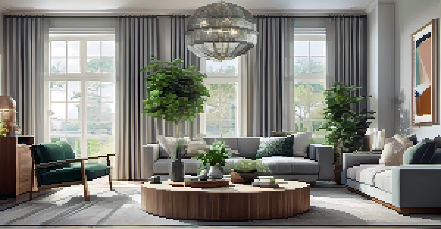 A modern living room layout with a chandelier, circular seating arrangement, grey couch, colorful cushions, and large windows with sheer curtains letting in light and greenery.