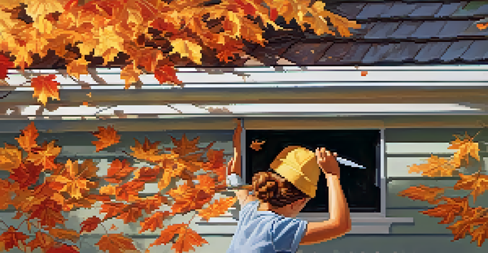 A person cleaning gutters with gloves and a trowel, surrounded by autumn leaves and a sunny suburban backdrop.