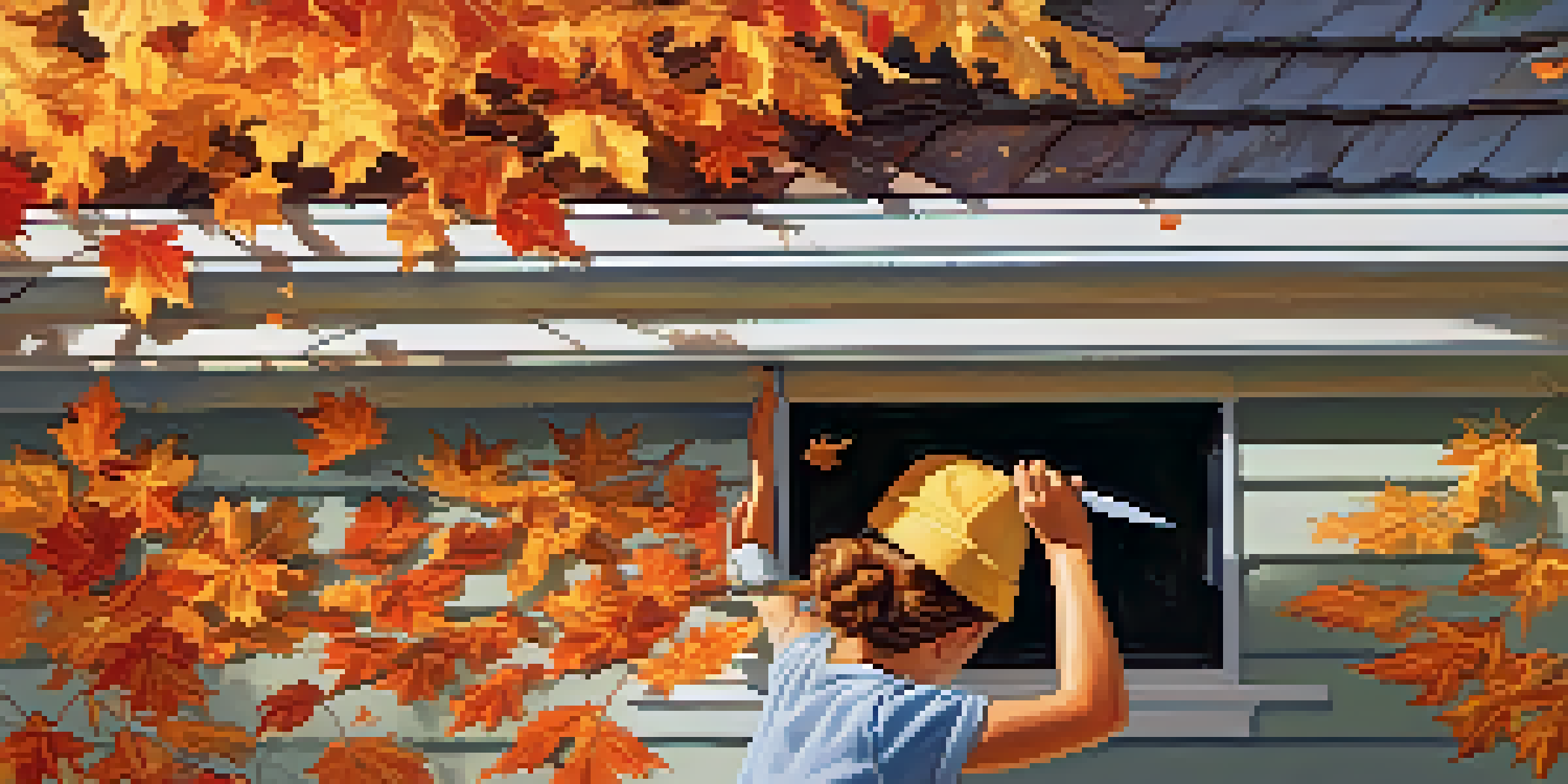 A person cleaning gutters with gloves and a trowel, surrounded by autumn leaves and a sunny suburban backdrop.