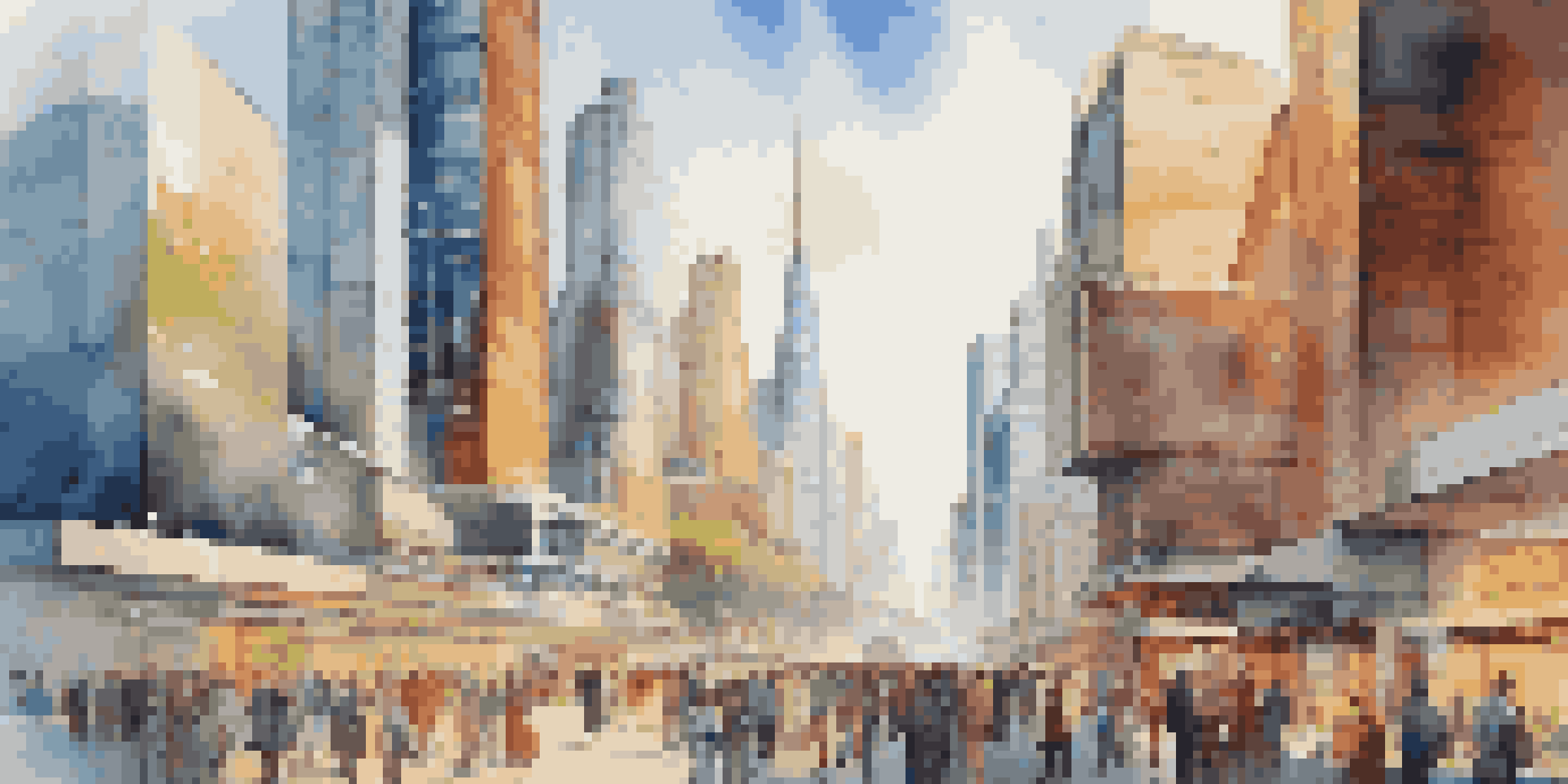 An urban skyline filled with modern buildings representing the technology sector, with professionals engaging in the foreground under bright sunlight.