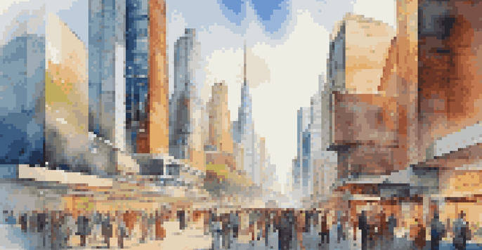 An urban skyline filled with modern buildings representing the technology sector, with professionals engaging in the foreground under bright sunlight.