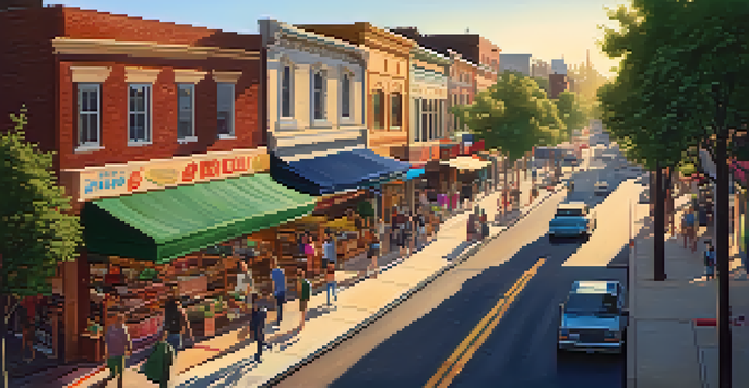 A bustling urban neighborhood with shops and cafes during golden hour, showcasing a vibrant community atmosphere.
